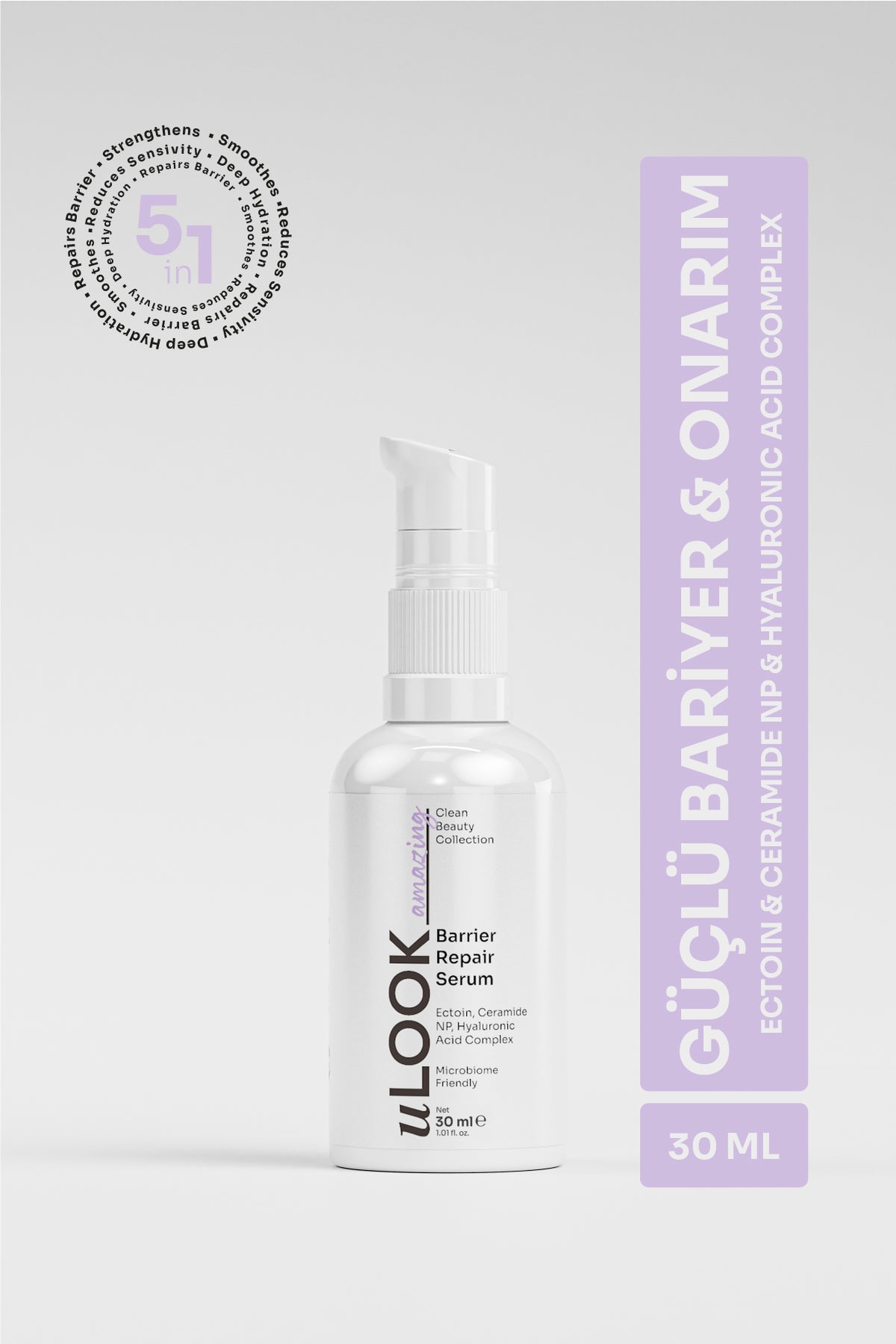 Skincare serum bottle with packaging on a light gray background TR