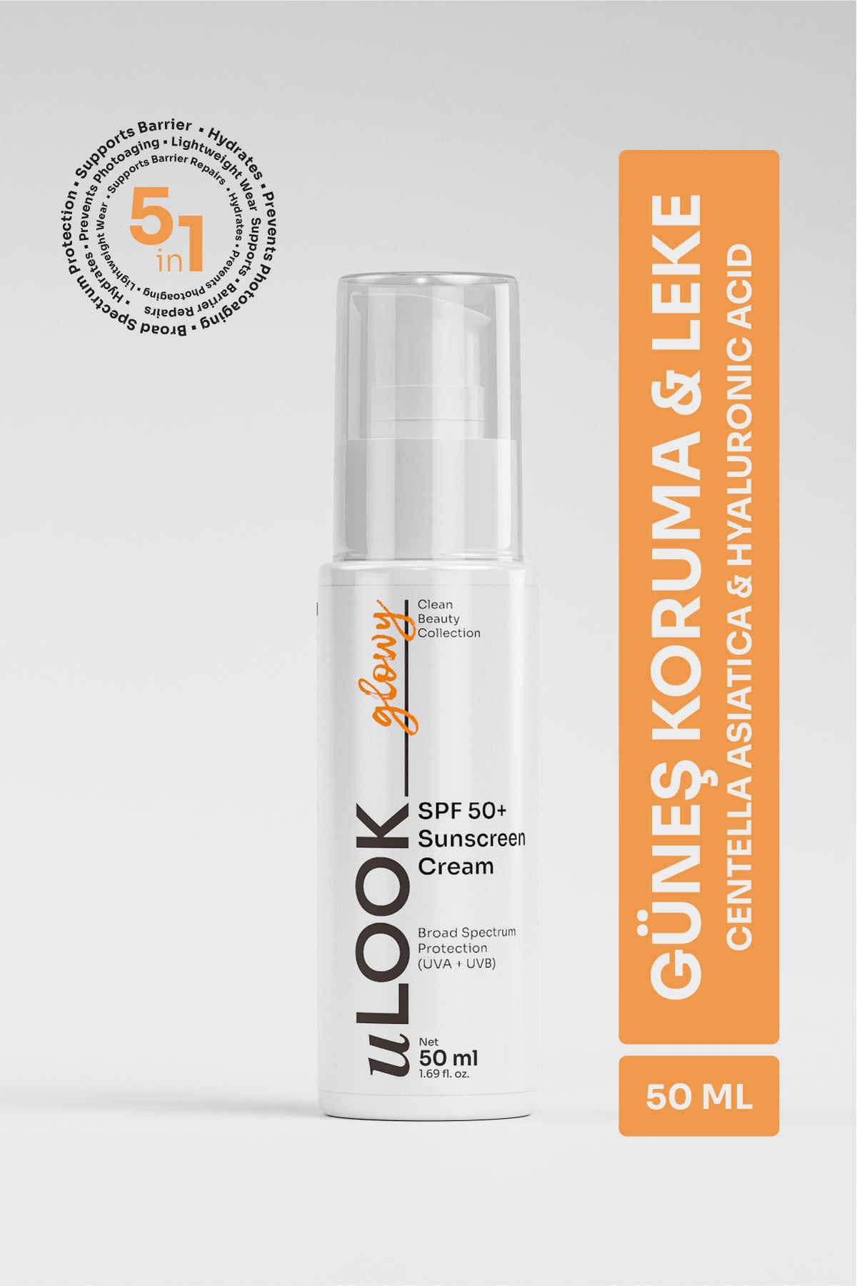 Sunscreen cream bottle with branding and product details on a white background TR