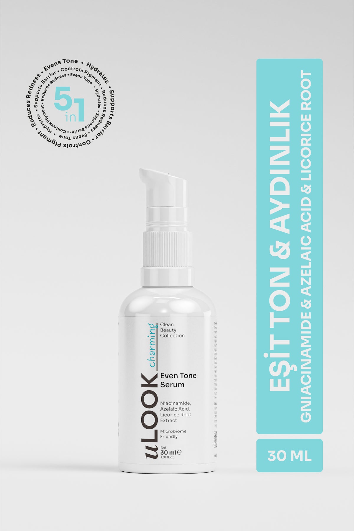 llook serum bottle with packaging on a light gray background TR